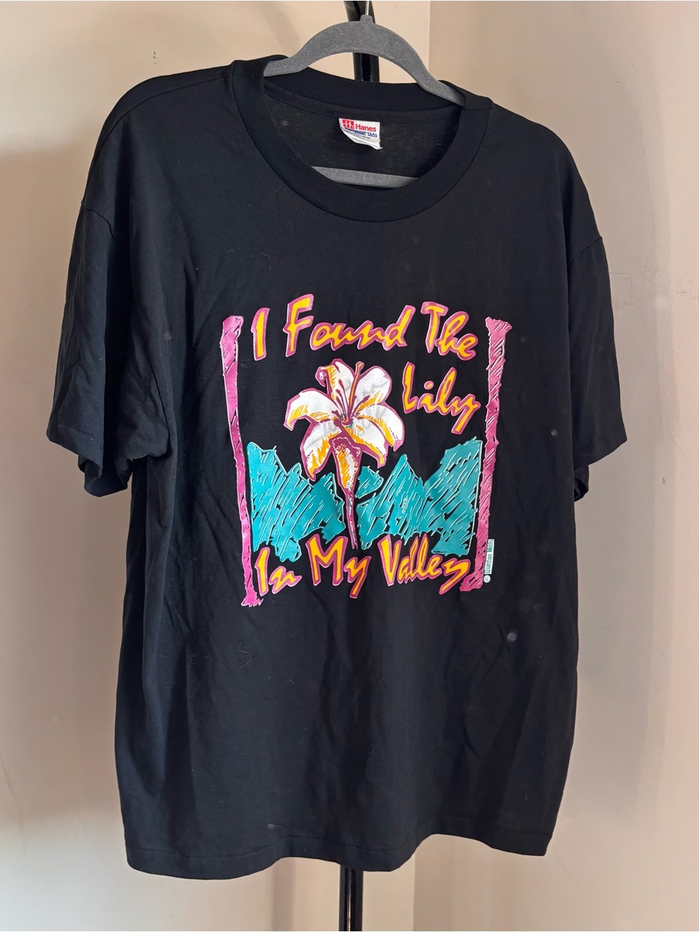 Black vintage Hanes "I Found The Lily In My Valley" graphic tee